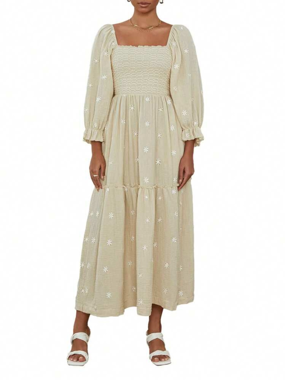 Floral Embroidered Smocked Square-Neck Midi Dress
